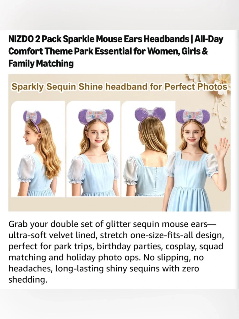 Birthday Girl Sequin Mouse Ear Headbands - Pink/Blue and Purple Options